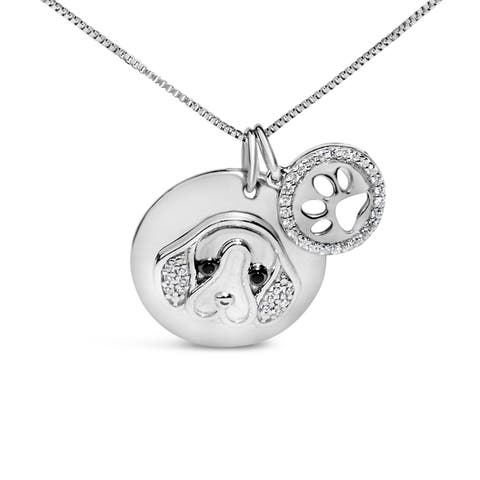 Silver 1/5 Cttw White and Black Diamond Beagle Dog Charm 18" Pendant Necklace