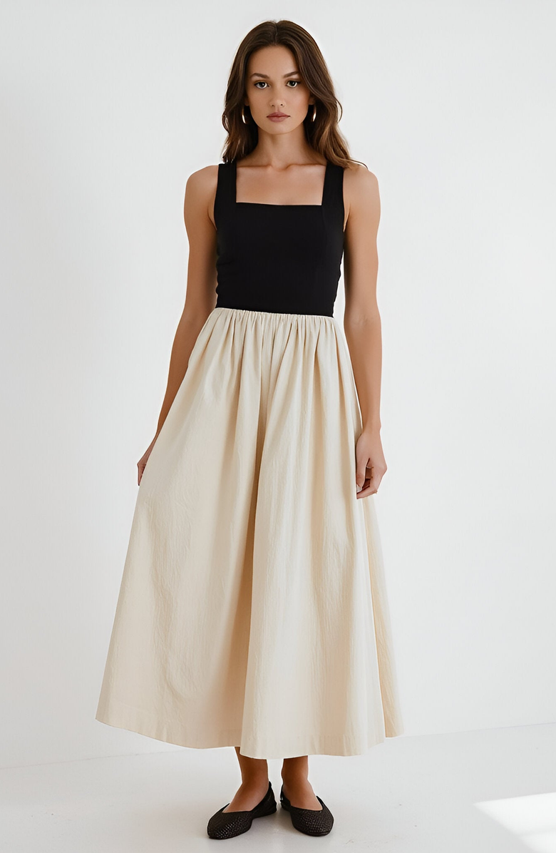 Modenaire Two-Tone Halter Maxi Dress with Fitted Bodice and Gathered Skirt, Alternate, color,