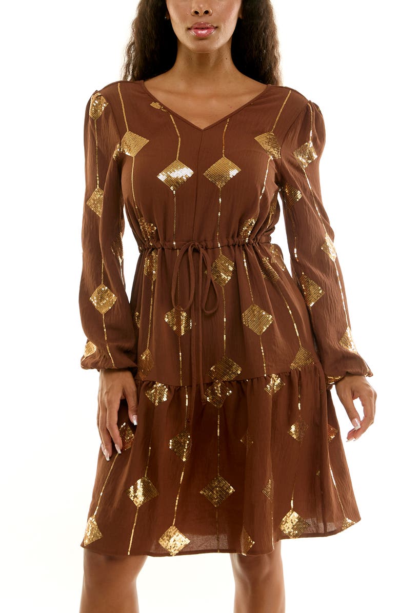 Nina Leonard Balloon Sleeve Drawstring Dress, Alternate, color, Cappuccino