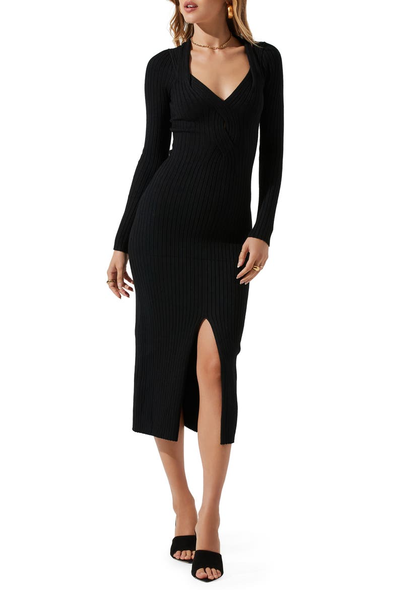 Twist Front Long Sleeve Sweater Dress, Main, color, BLACK