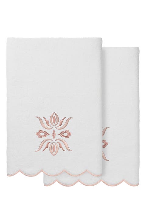 Flower Crest Scalloped Set of 2 Hand Towels