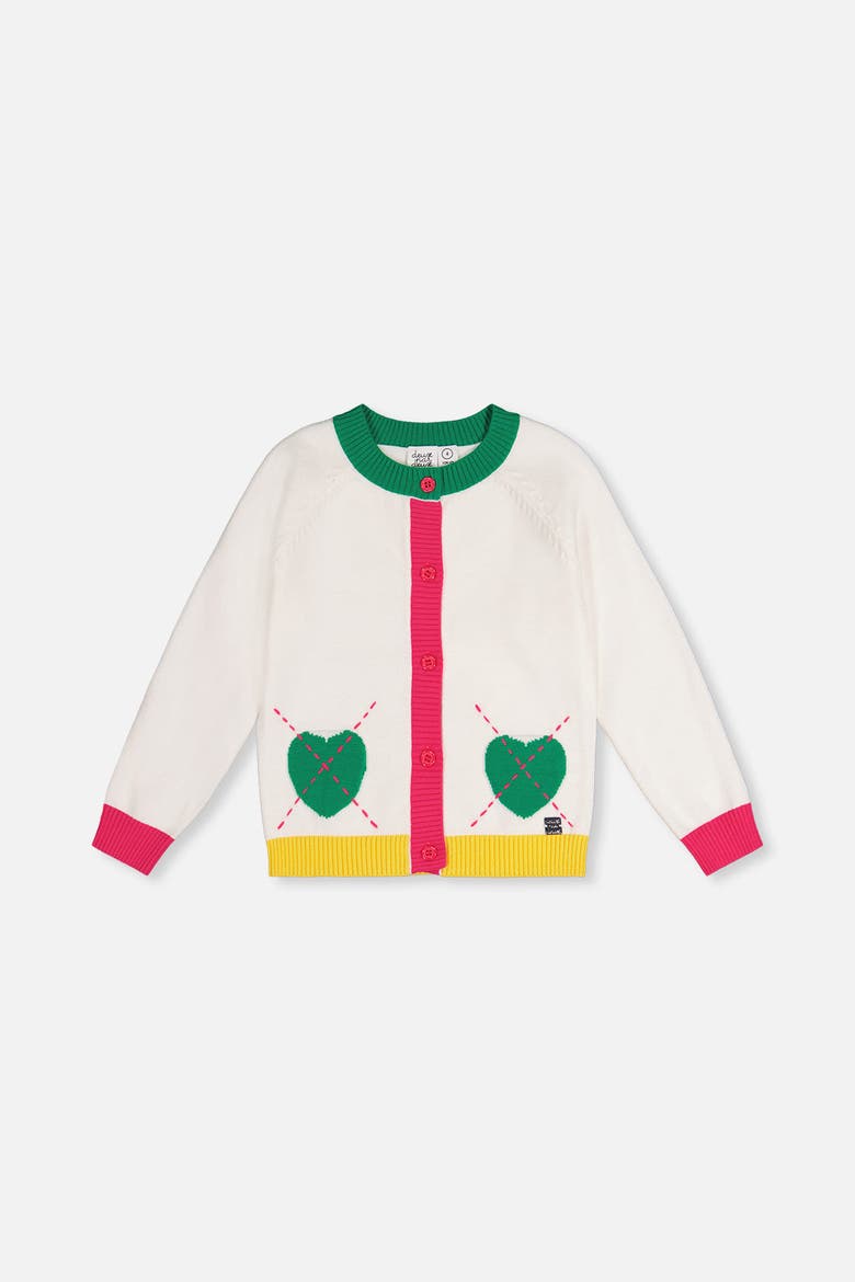 Heart Pocket Button Front Knitted Cardigan, Main, color, Off-White, Green and Pink