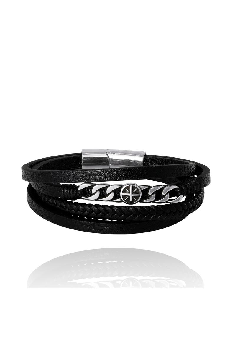 Men's Multi-Row Chain 8.25'' Bracelet with Compass Emblem, Black, Main, color, Black