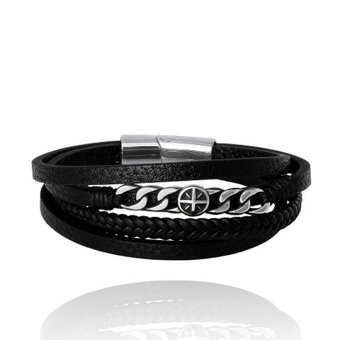 Men's Multi-Row Chain 8.25'' Bracelet with Compass Emblem, Black