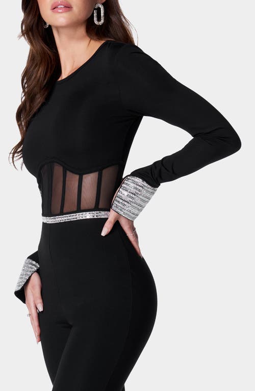 bebe Rhinestone Mesh Jumpsuit in Black 