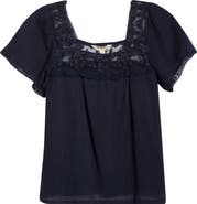 Lucky Brand Lace Mesh Detail Square Neck Cotton Top