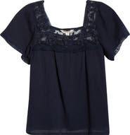 Lucky Brand Lace Mesh Detail Square Neck Cotton Top