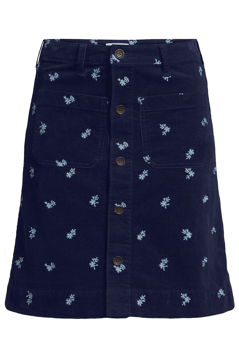 Corduroy Mid Rise Button Through Above the Knee Skirt, Alternate, color, Embroidery/Deep Sea Navy