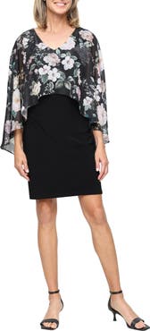 SL FASHIONS Floral Print Metallic Cape Matte Jersey Cocktail Dress