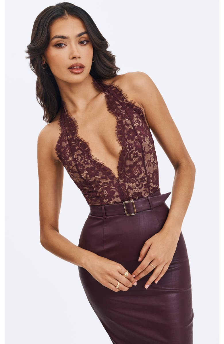 Miss Circle Fiera Plunging Halter Belted Midi Dress, Alternate, color, Mahogany