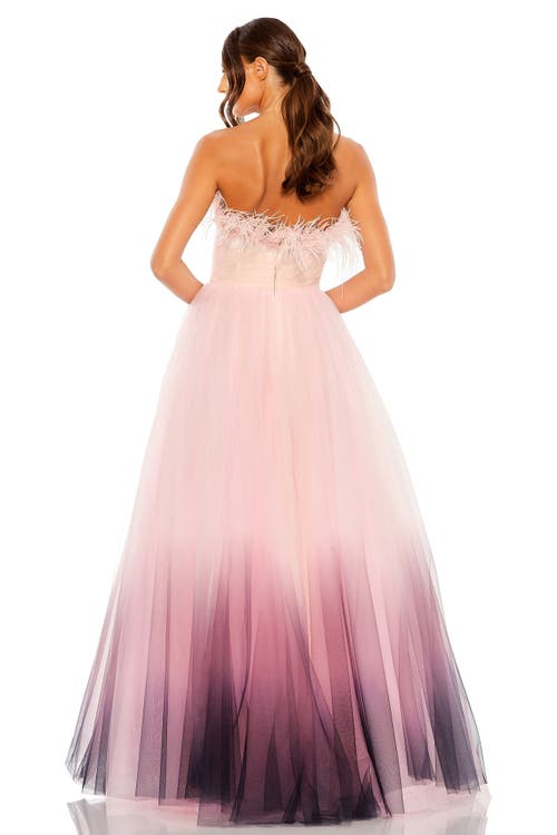 Mac Duggal Strapless Tulle Gown With Feather Accents In Pink Ombre