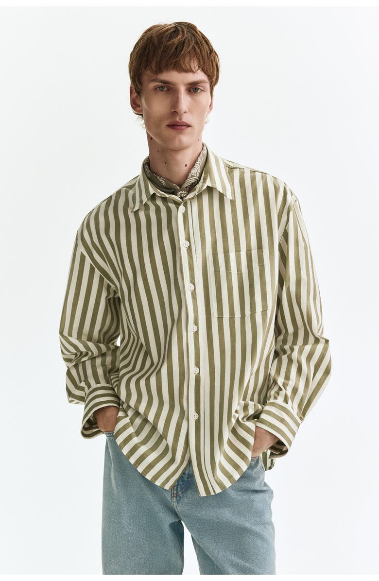 H&M Relaxed Fit Poplin Shirt, Alternate, color, Khaki Green/Striped