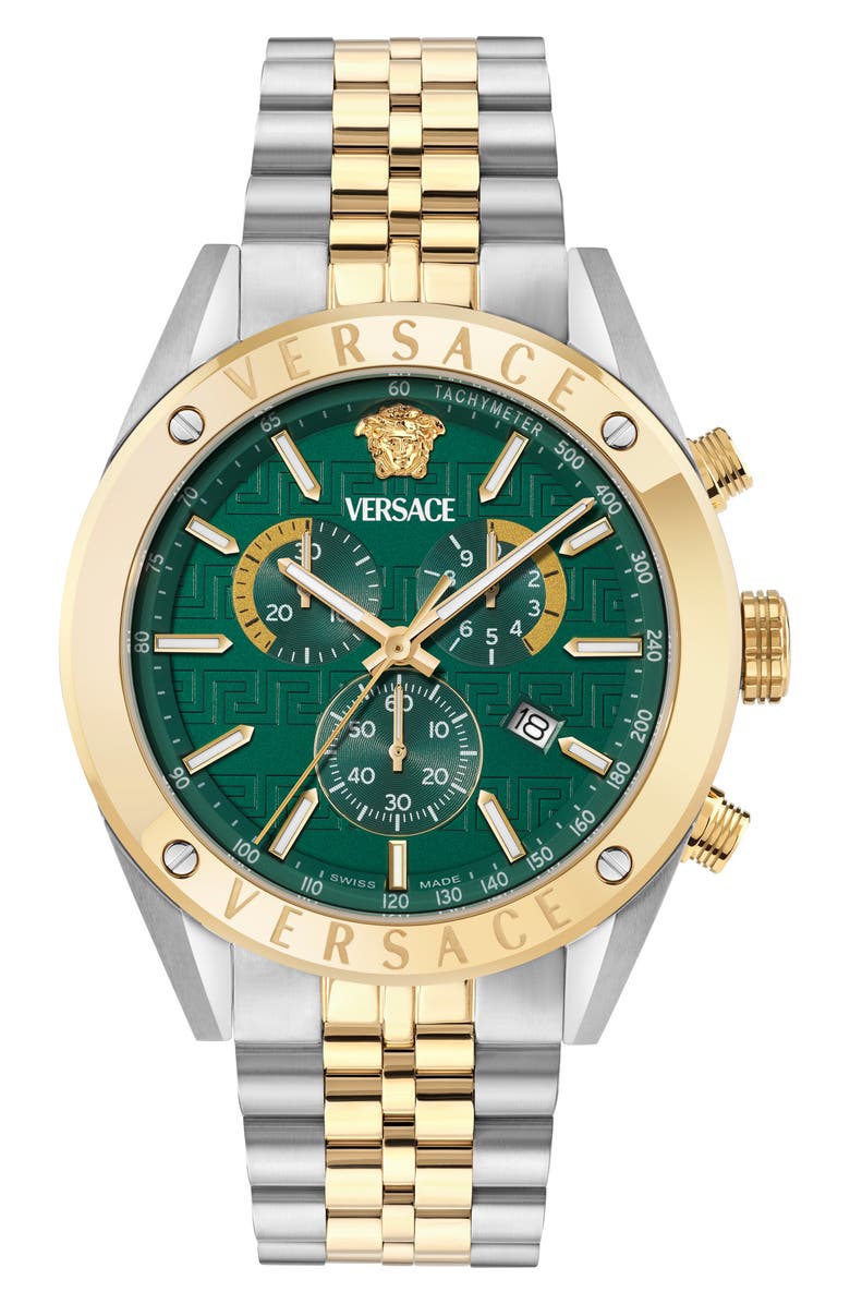 Versace Athletic Chronograph Bracelet Watch, 44mm, Main, color, Green/ Two Tone
