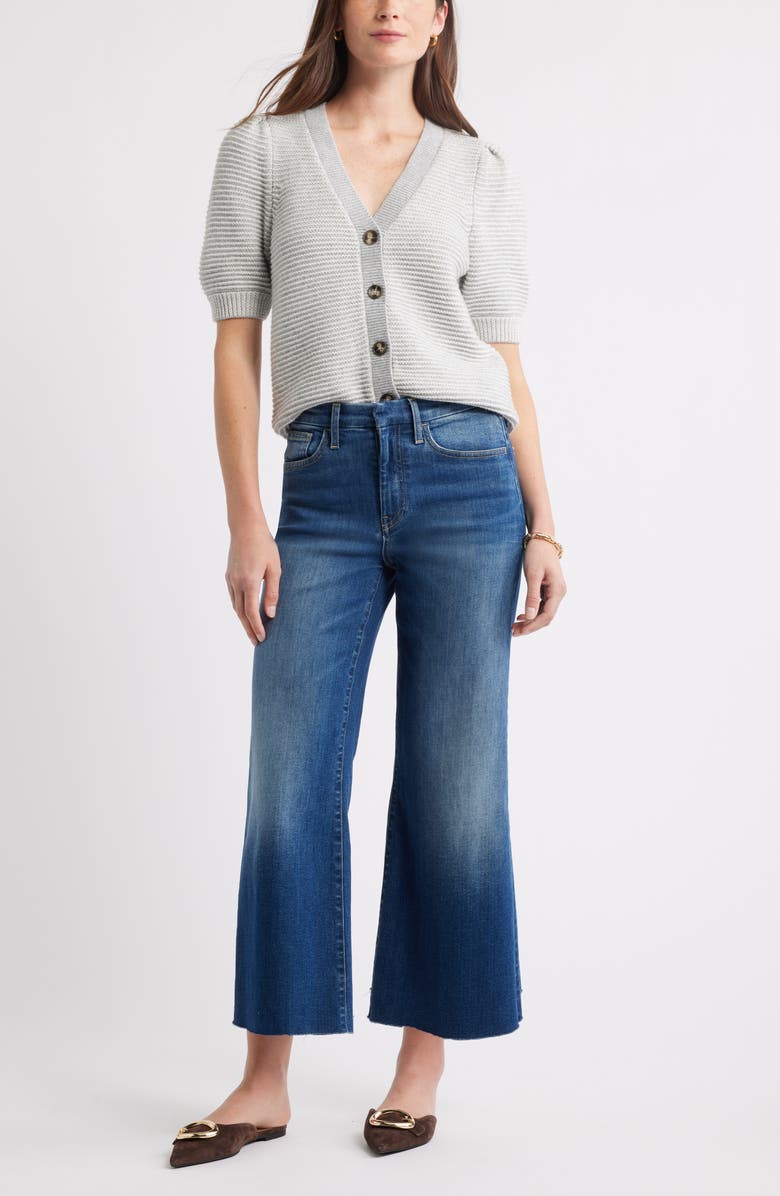 Caslon<sup>®</sup> Links Puff Sleeve Wool Blend Cardigan, Alternate, color, Grey Heather- Ivory Stripe