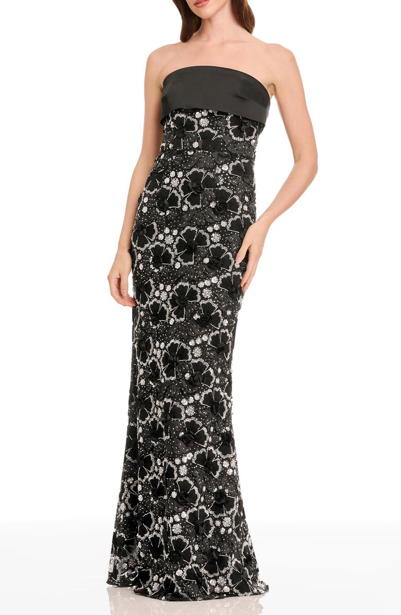 Dress the Population Shay Beaded Floral Strapless Dress, Main, color, Black-Silver