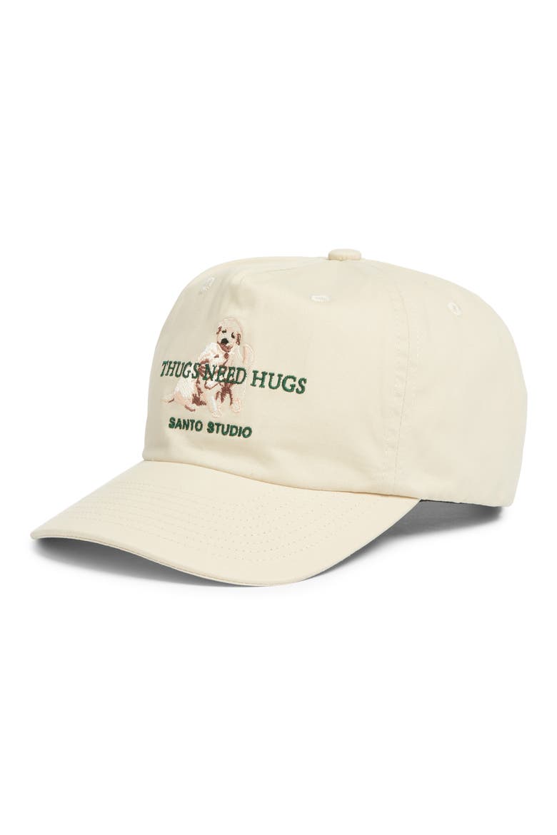 Unstructured Embroidered Thugs Need Hugs Snapback Baseball Hat, Main, color, CREAM