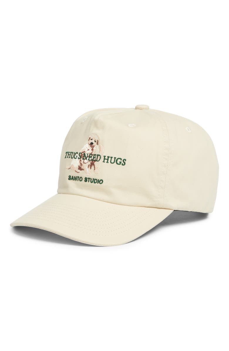 SANTO STUDIO Unstructured Embroidered Thugs Need Hugs Snapback Baseball Hat, Main, color, Cream