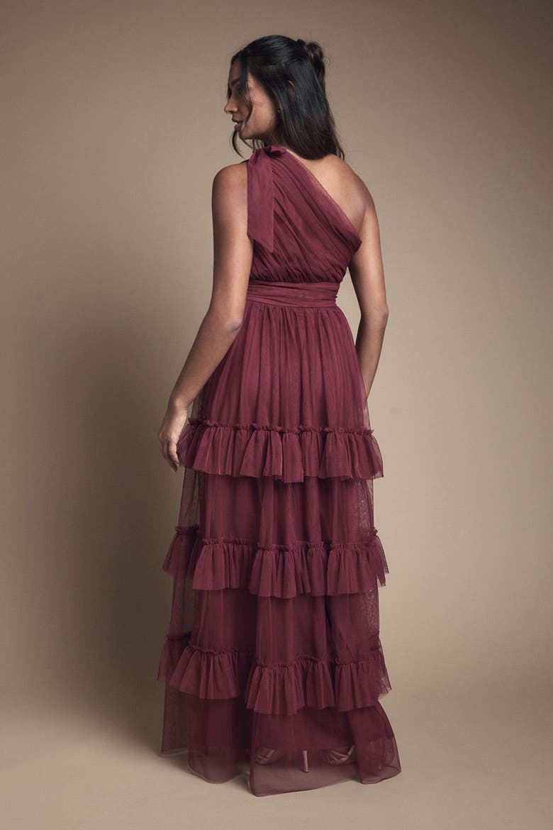 Pleated One Shoulder Tiered Maxi Dress, Alternate, color, Berry