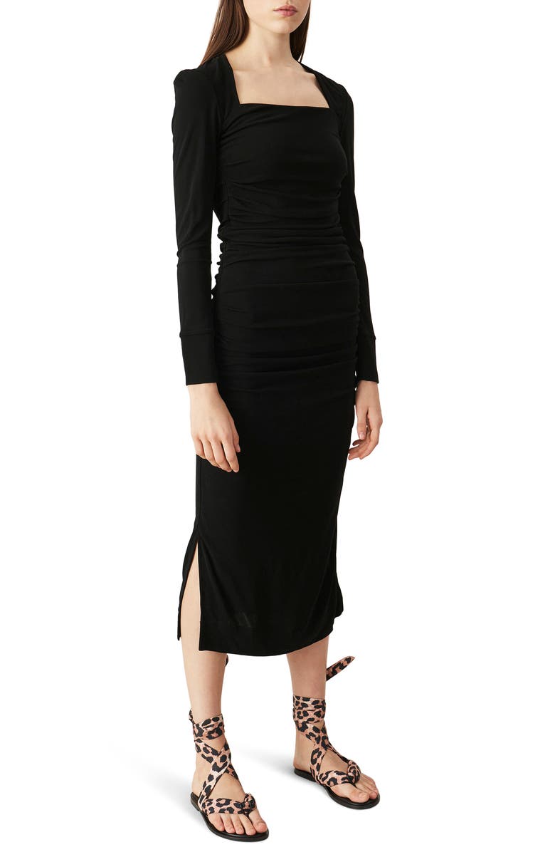 Ganni Ruched Long Sleeve Midi Dress, Main, color,