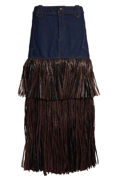 Shop Johanna Ortiz Calipso Fringe Trim Denim Maxi Skirt