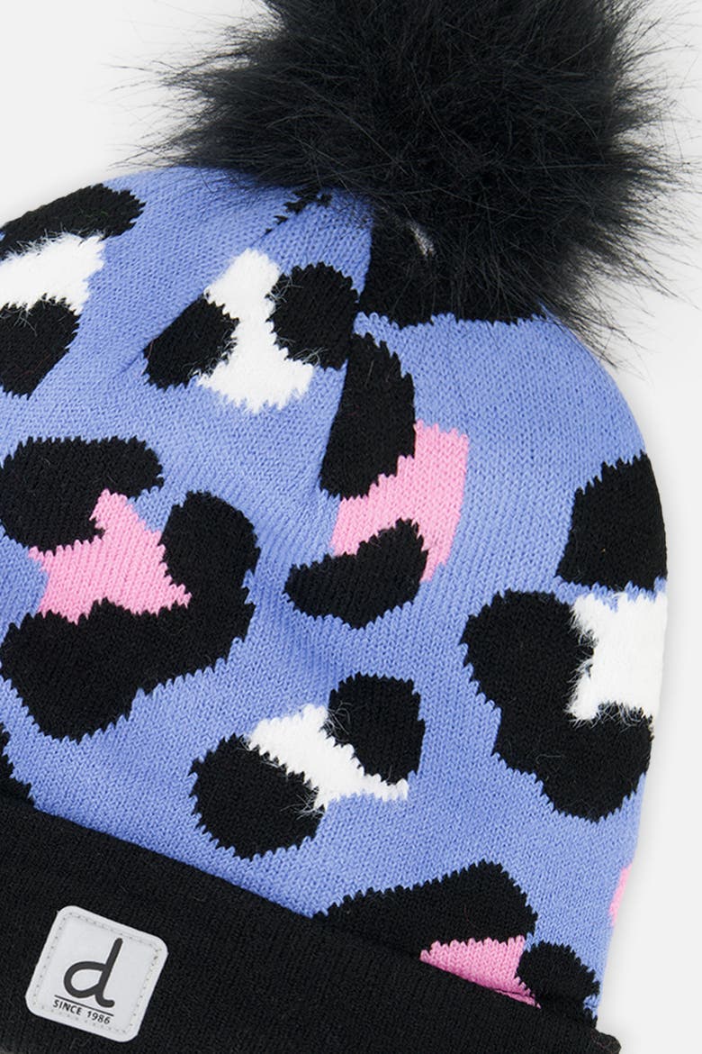 Winter Leopard Jacquard Fleece-Lined Pompom Knit Hat, Alternate, color, Blue Leopard Print