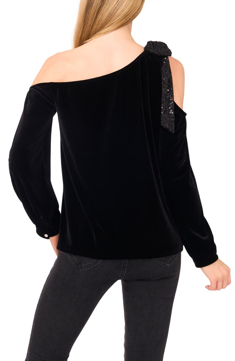 CeCe One-Shoulder Sequin Bow Velvet Top, Alternate, color, Rich Black