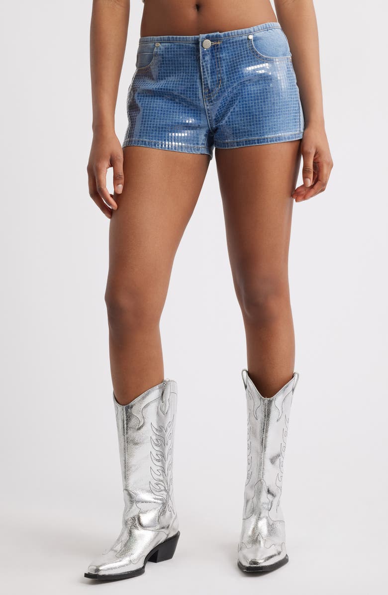 PTCL Chiara Low Rise Geo Coated Denim Shorts, Main, color, Medium Wash