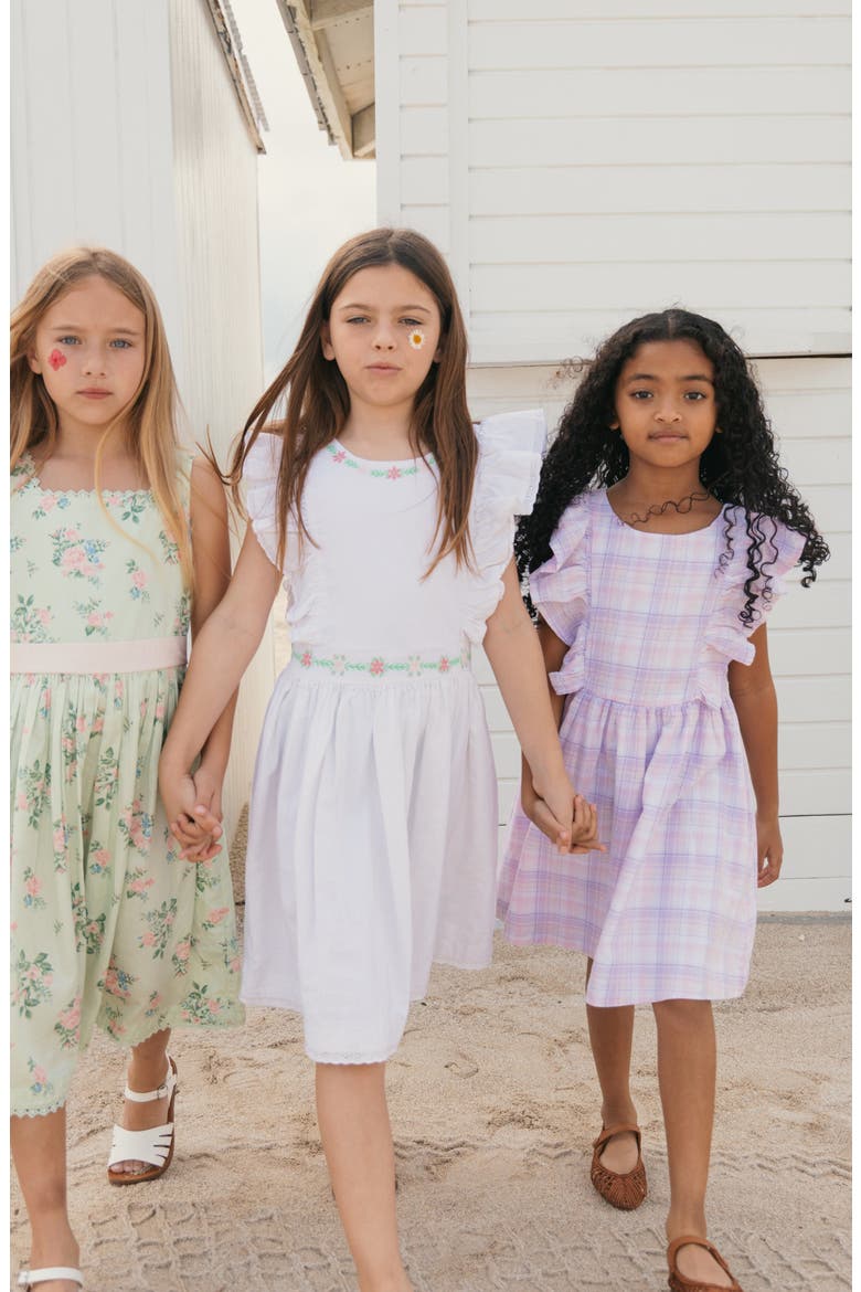 Kids' Linen Flutter Sleeve Pinafore Dress, Alternate, color, Monet Plaid