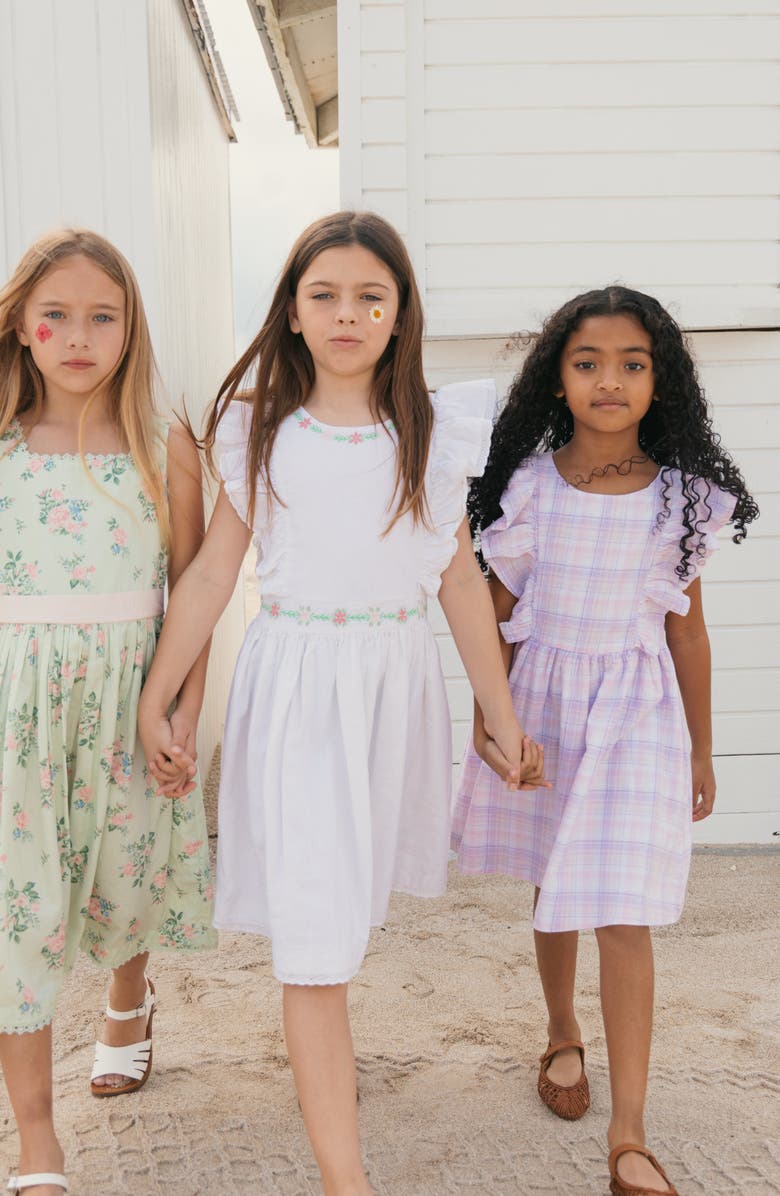 Hope & Henry Kids' Linen Flutter Sleeve Pinafore Dress, Alternate, color, Monet Plaid