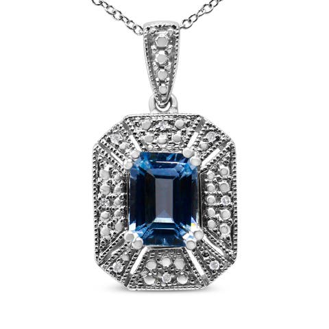 Silver Blue Topaz and Diamond Accent Art Deco Style Pendant Necklace