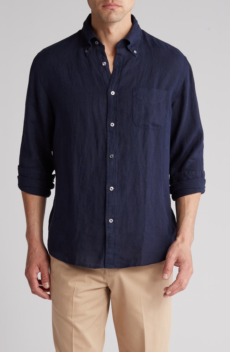 Brooks Brothers Regular Fit Linen Dress Shirt, Main, color, Navy
