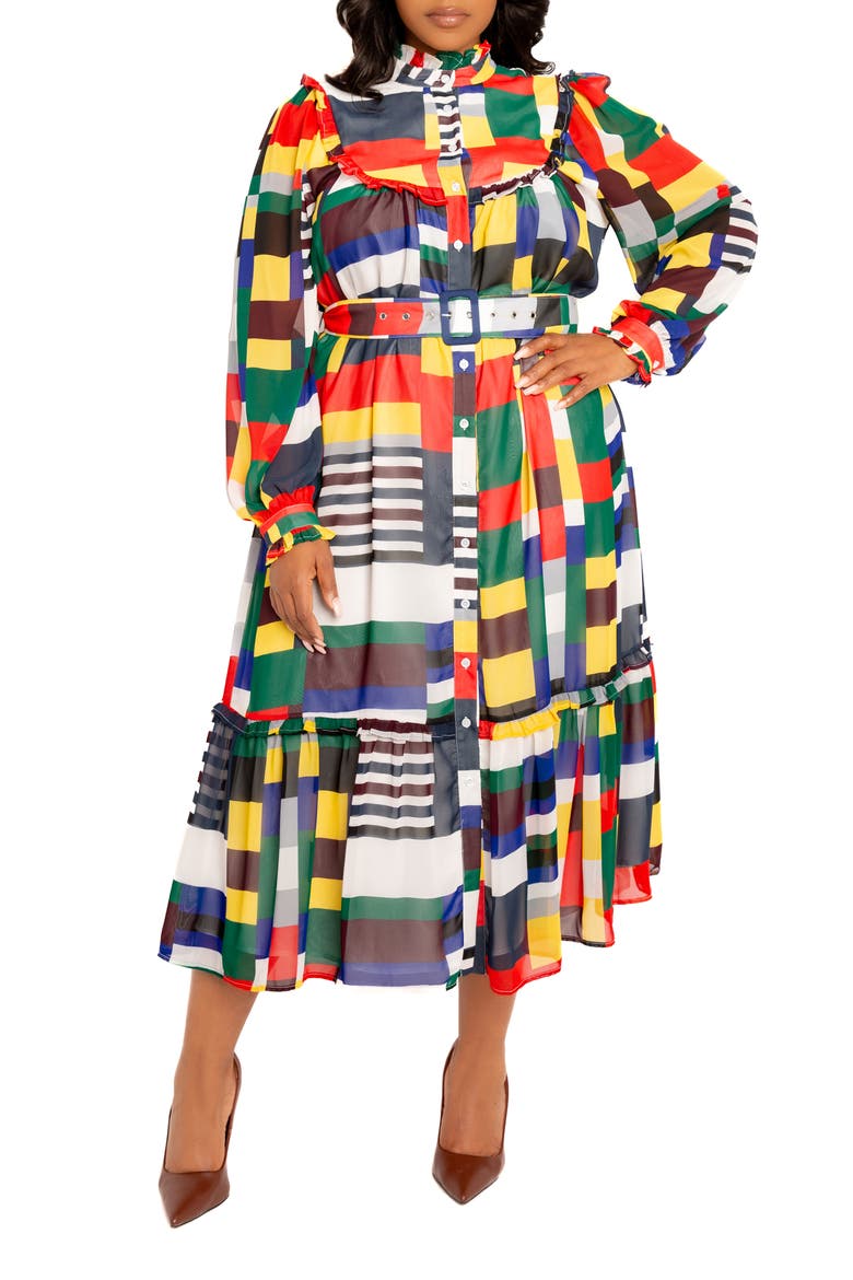Plaid Ruffle Bib Belted Long Sleeve Maxi Dress, Main, color, WHITE/ MULTI-COLOR