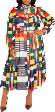 BUXOM COUTURE Plaid Ruffle Bib Belted Long Sleeve Maxi Dress