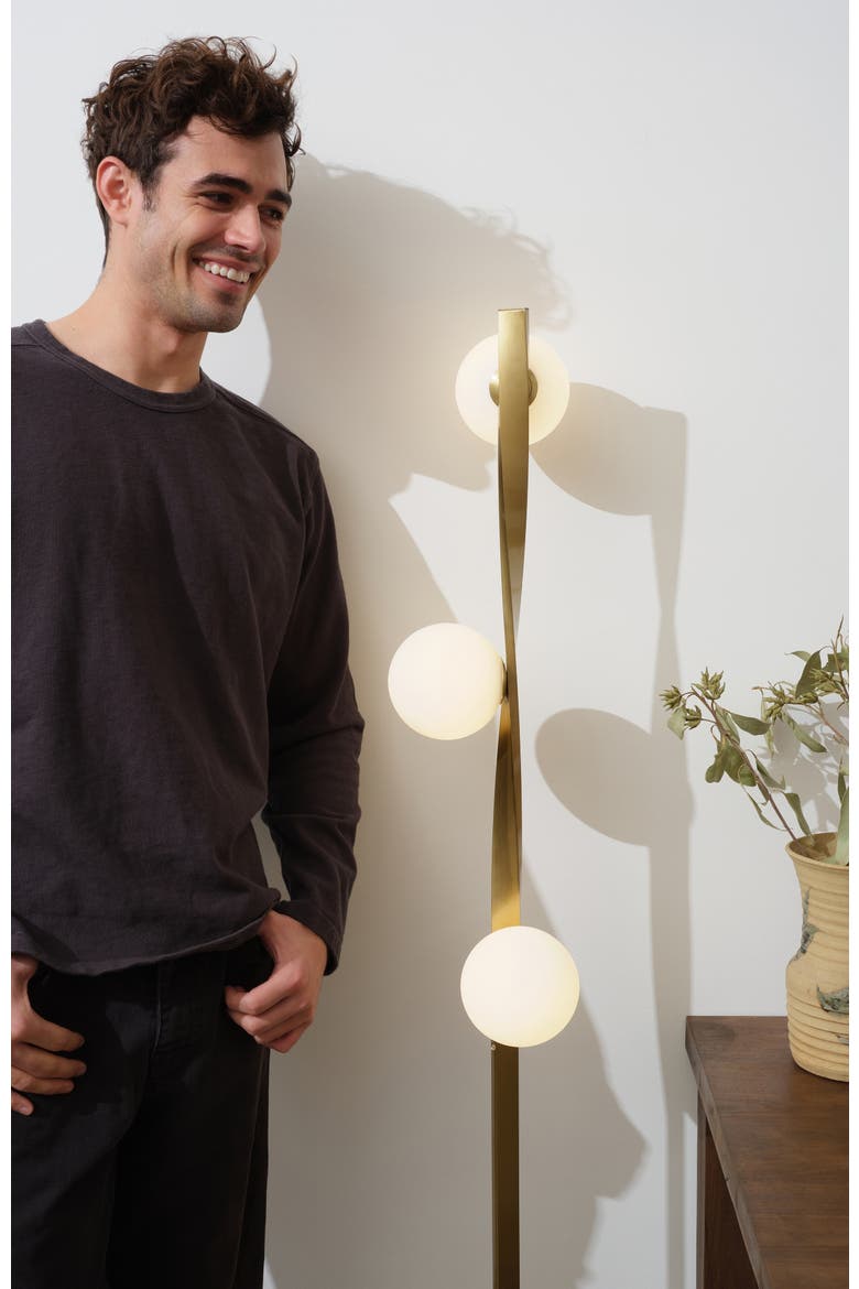 Nola 60" Dimmable LED Twisted Modern Floor Lamp with Glazed Glass Globes, Alternate, color, Antique Brass