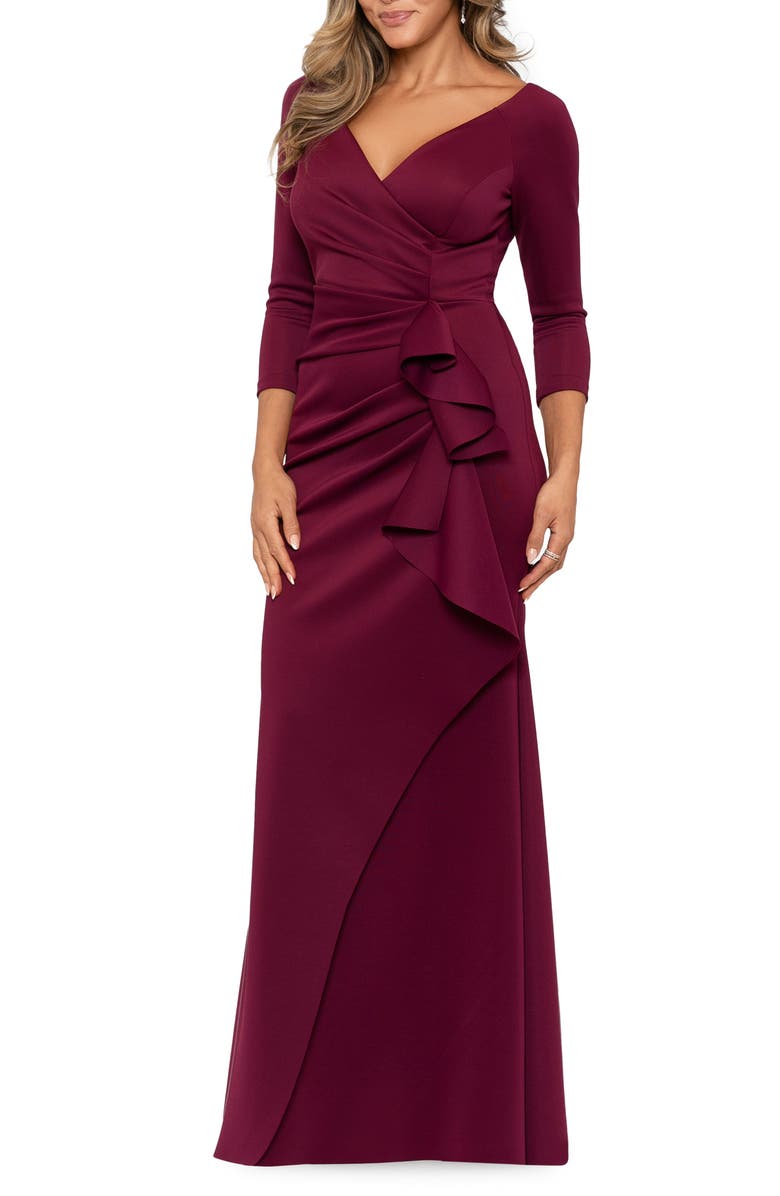 Xscape Evenings Ruched Scuba Knit Ruffle Gown, Main, color, Wine