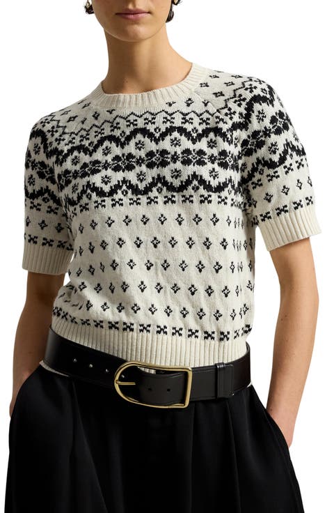Fair Isle Short Sleeve Wool Blend Sweater