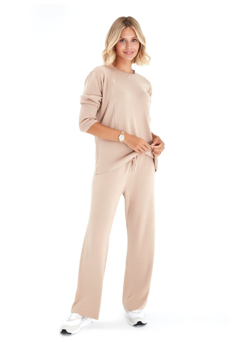 Accouchée Effortless Elegance Set with Rib Side Zip Long Sleeve Top & Lounge Pants, Alternate, color, Beige