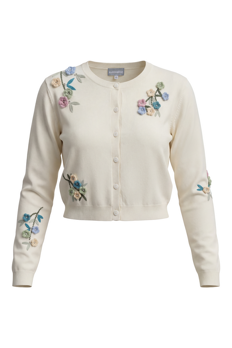 Floral Embroidered Ribbed Button-Up Cropped Cardigan, Main, color, Cream