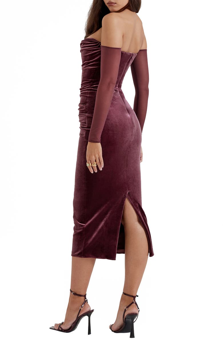 HOUSE OF CB Cleora Off the Shoulder Long Sleeve Stretch Velvet Maxi Dress, Alternate, color, Mulberry