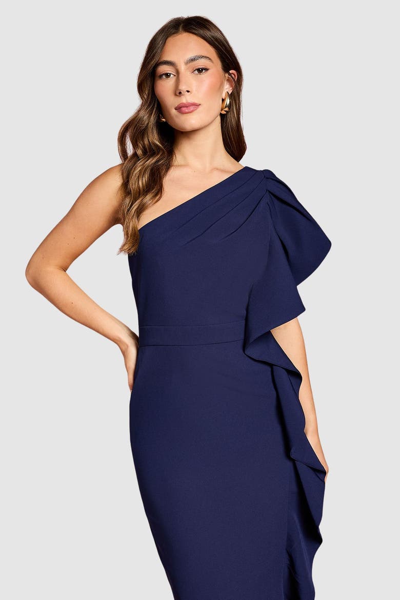 One Shoulder Pencil Midi Dress, Alternate, color, Navy