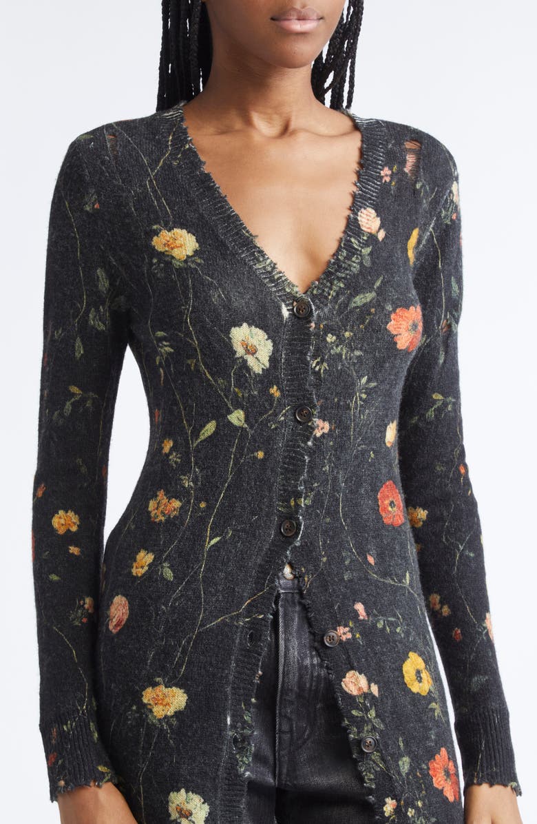 R13 Floral Skinny Long Merino Wool Cardigan, Alternate, color, Floral On Black