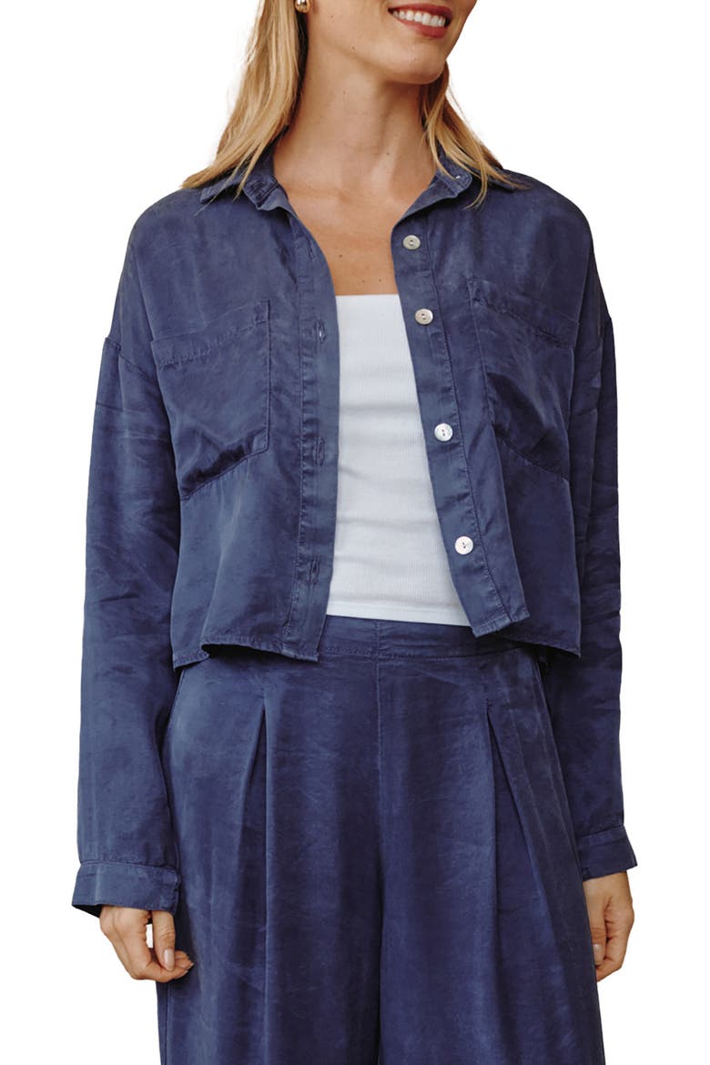 Inverted Pleat Crop Button-Up Shirt, Main, color, ROYAL NAVY