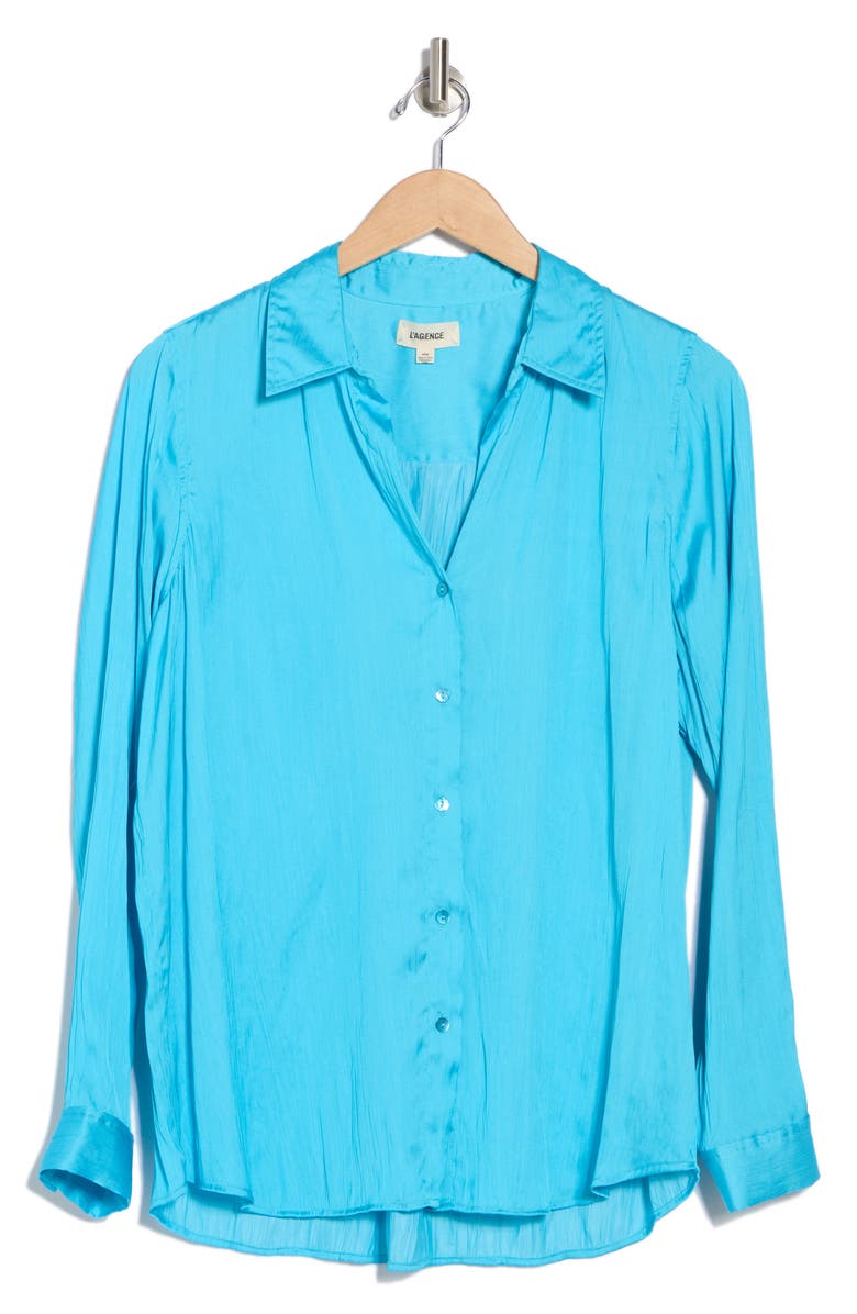 L'AGENCE Nina Crinkle Satin Shirt, Alternate, color, Blue Atoll