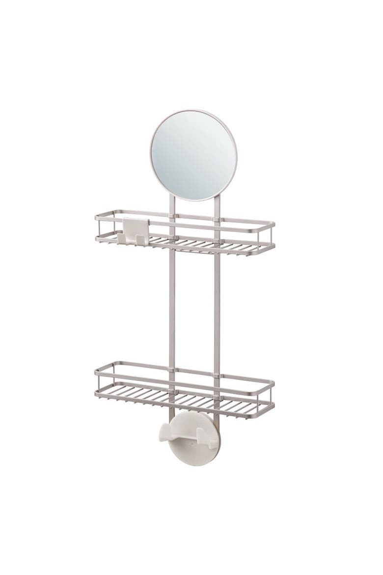 Self-Adhesive Shower Caddy with Mirror & Hooks - Satin, Main, color, Satin Silver