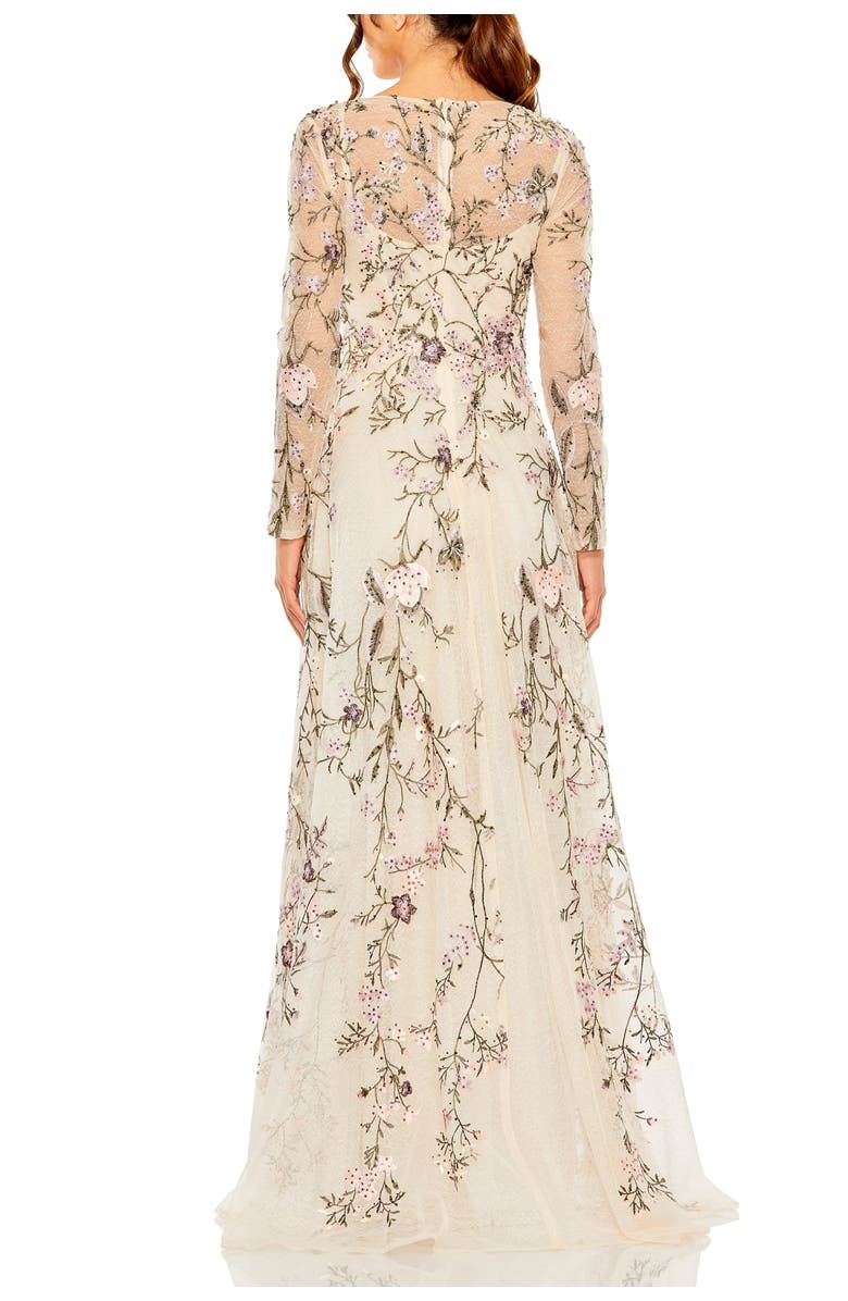 Mac Duggal Women's V Neck Long Sleeve Embroidered A Line Gown, Alternate, color, Blush