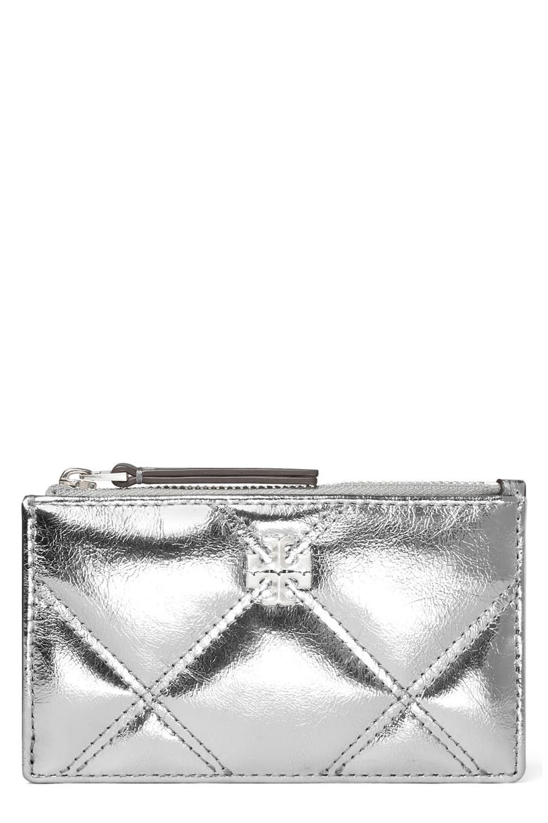 Kira Metallic Diamond Quilted Leather Zip Card Case, Main, color, SILVER