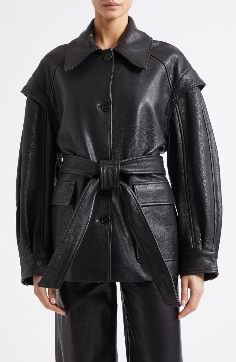 NOUR HAMMOUR Perrin Belted Leather Jacket, Main, color, Black
