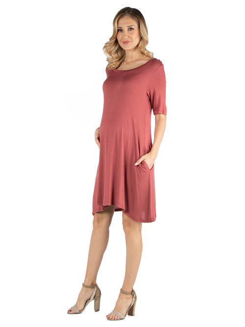24seven Comfort Apparel Maternity Soft Flare T-shirt Dress With Pocket Detail In Pink