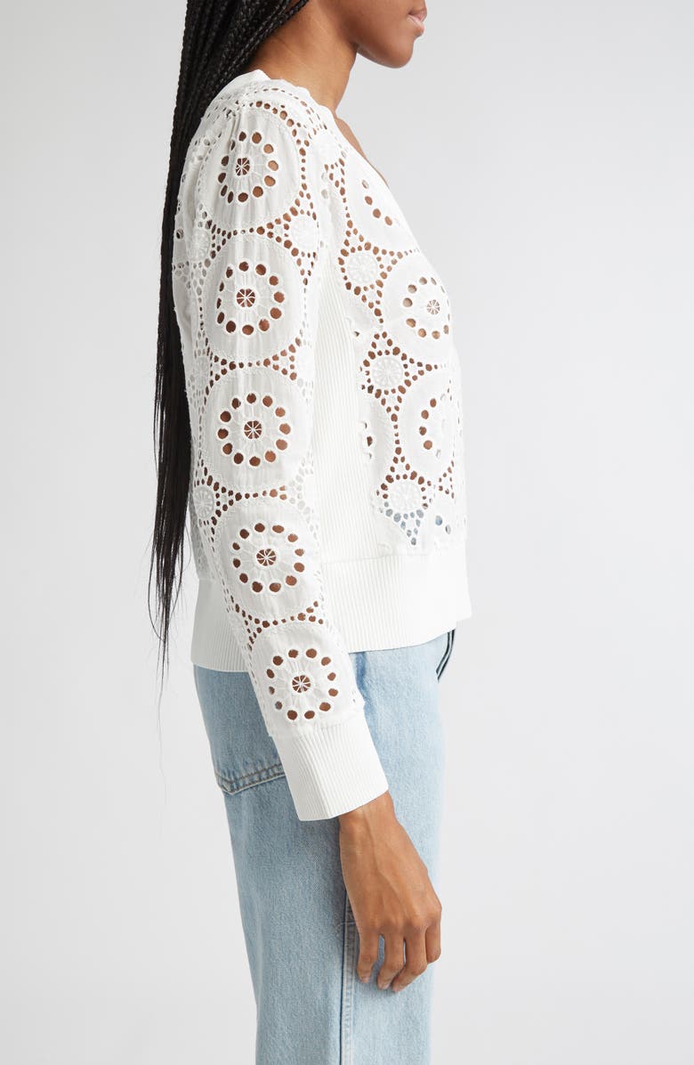 Milly Embroidered Eyelet Cotton V-Neck Top, Alternate, color, 