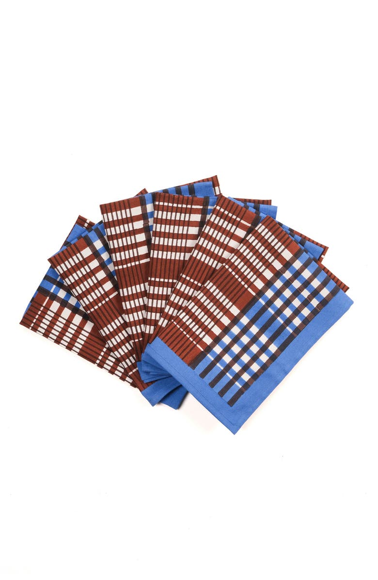 Inner Child Shetland Plaid Blockprint Napkins - Set of 4, Alternate, color, Brown